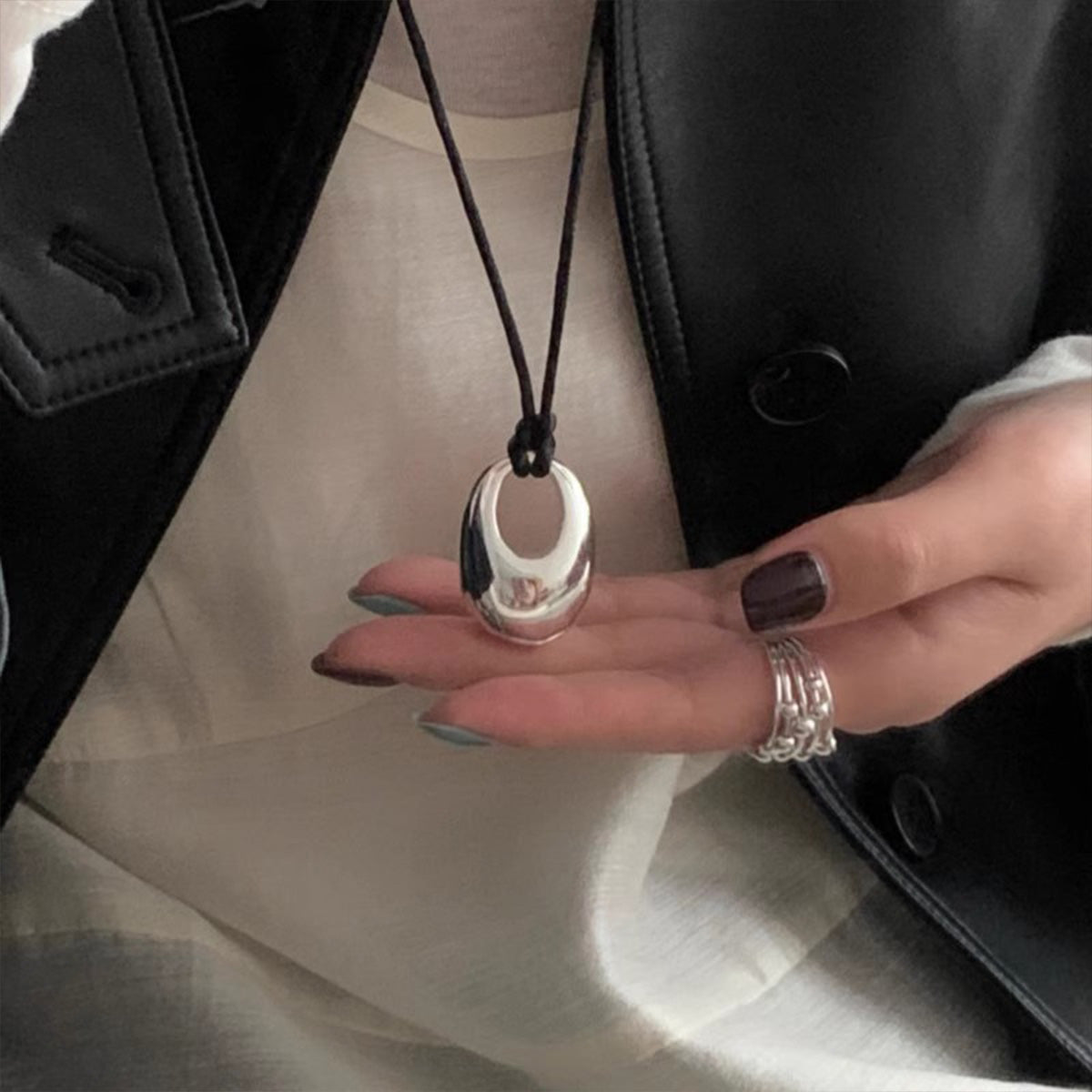 Niche Design Black Cord Drop Pendant Sweater Chain - Adjustable Silver Metal Statement Necklace