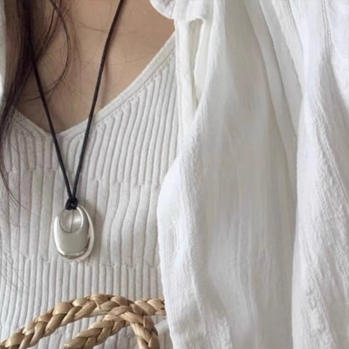 Niche Design Black Cord Drop Pendant Sweater Chain - Adjustable Silver Metal Statement Necklace