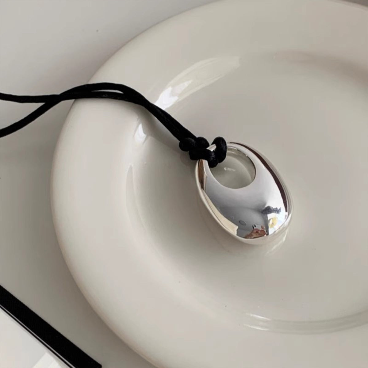 Niche Design Black Cord Drop Pendant Sweater Chain - Adjustable Silver Metal Statement Necklace