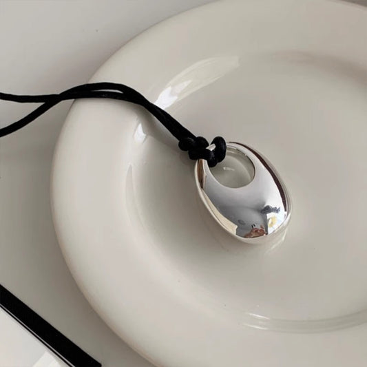 Niche Design Black Cord Drop Pendant Sweater Chain - Adjustable Silver Metal Statement Necklace