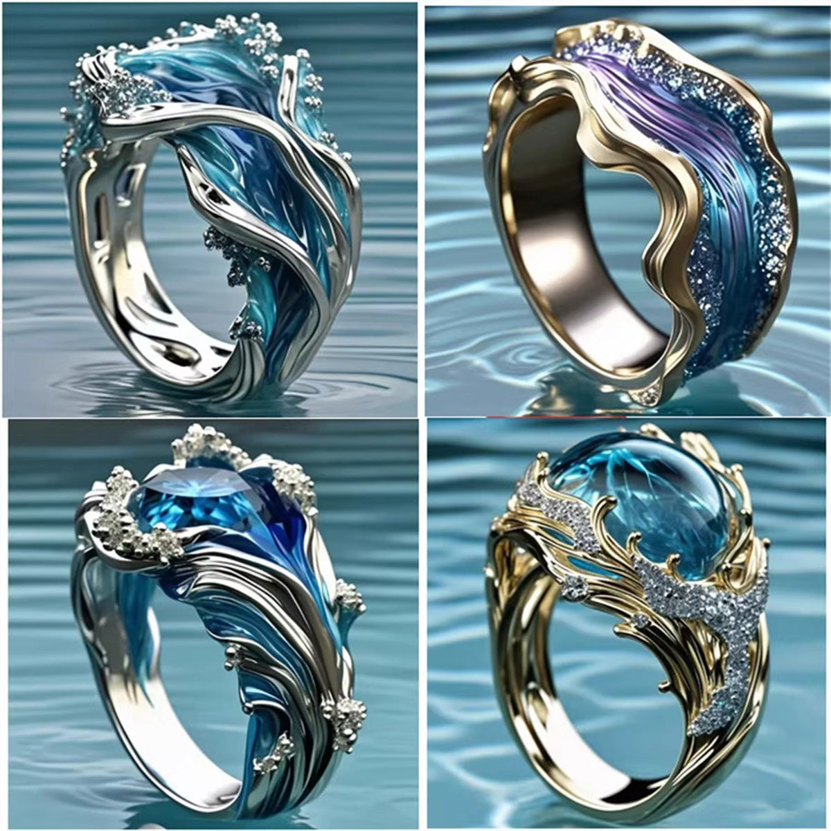 Ocean Wave Resin Ring - Open Adjustable Niche Coastal Retro Statement Beach Jewelry