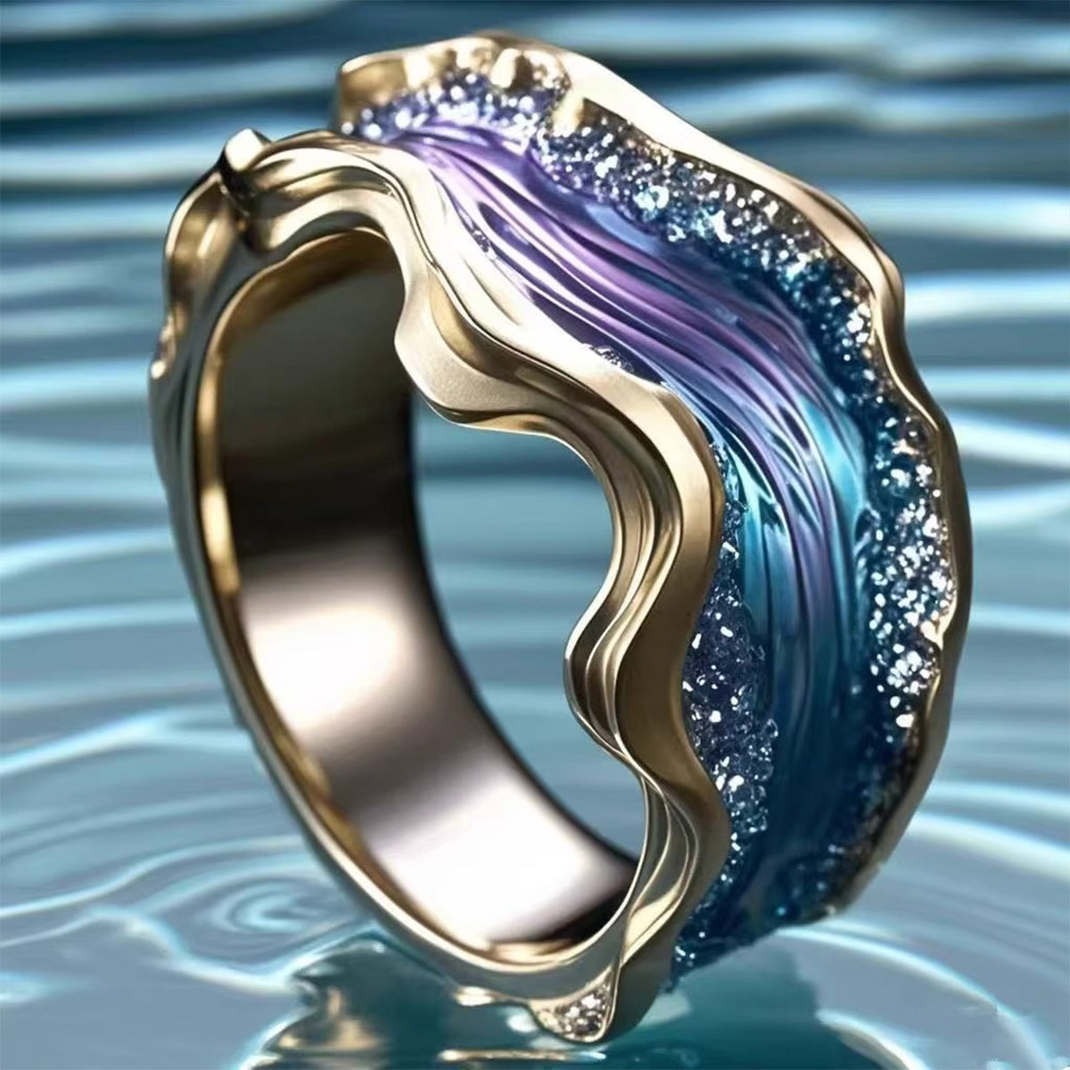 Ocean Wave Resin Ring - Open Adjustable Niche Coastal Retro Statement Beach Jewelry