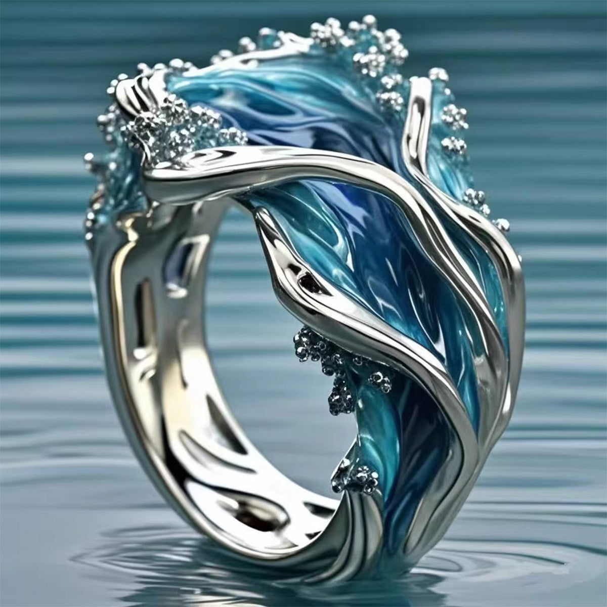 Ocean Wave Resin Ring - Open Adjustable Niche Coastal Retro Statement Beach Jewelry