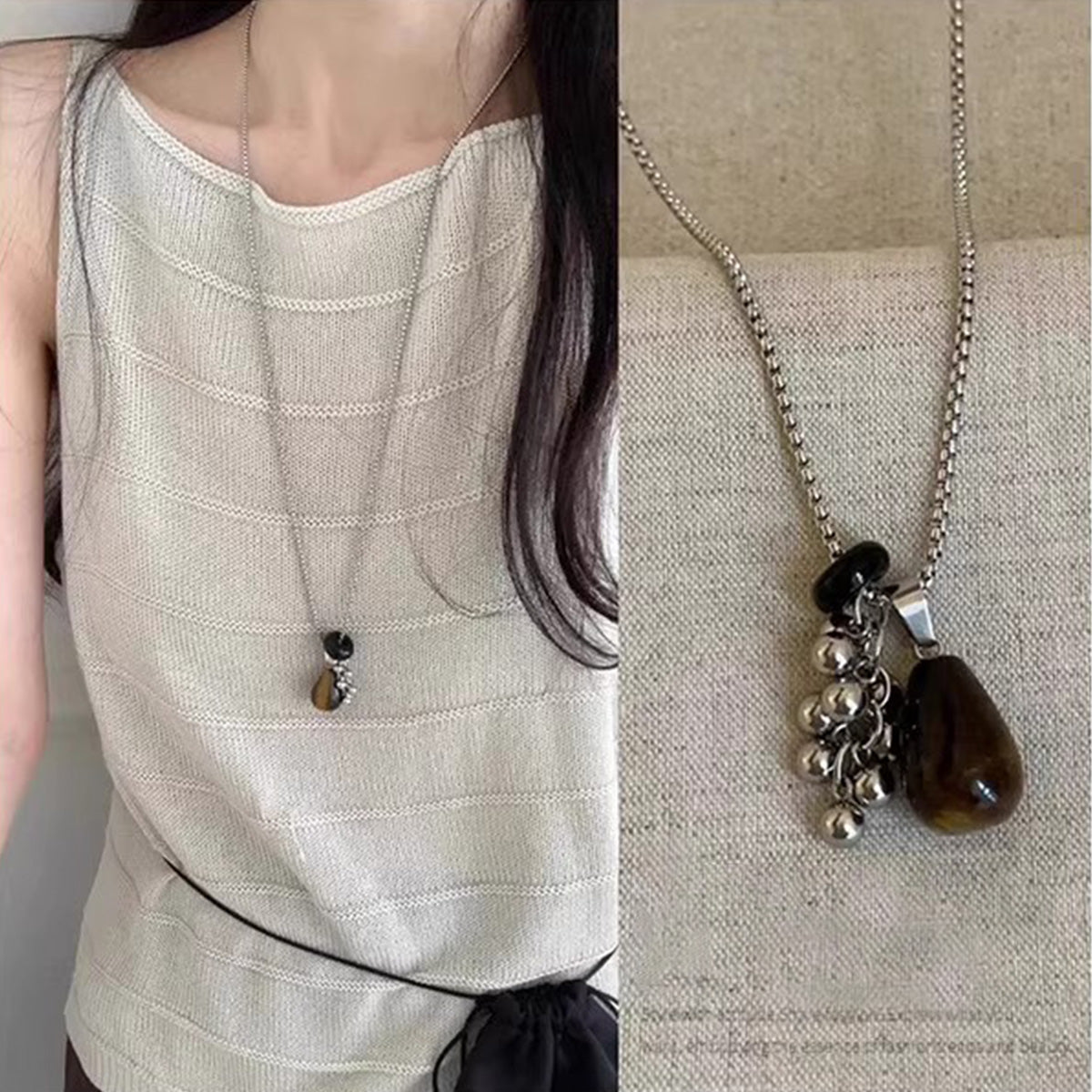 Silver Bead Water Drop Tiger's Eye Stone Necklace, Long - style Accessory, Sweater Chain with Grape Cluster Pendant