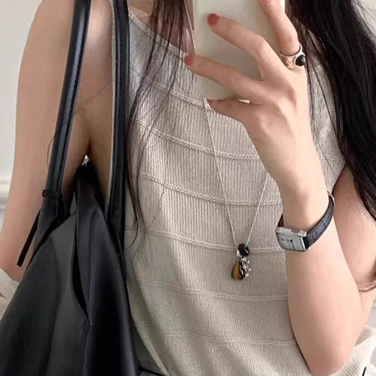 Silver Bead Water Drop Tiger's Eye Stone Necklace, Long - style Accessory, Sweater Chain with Grape Cluster Pendant