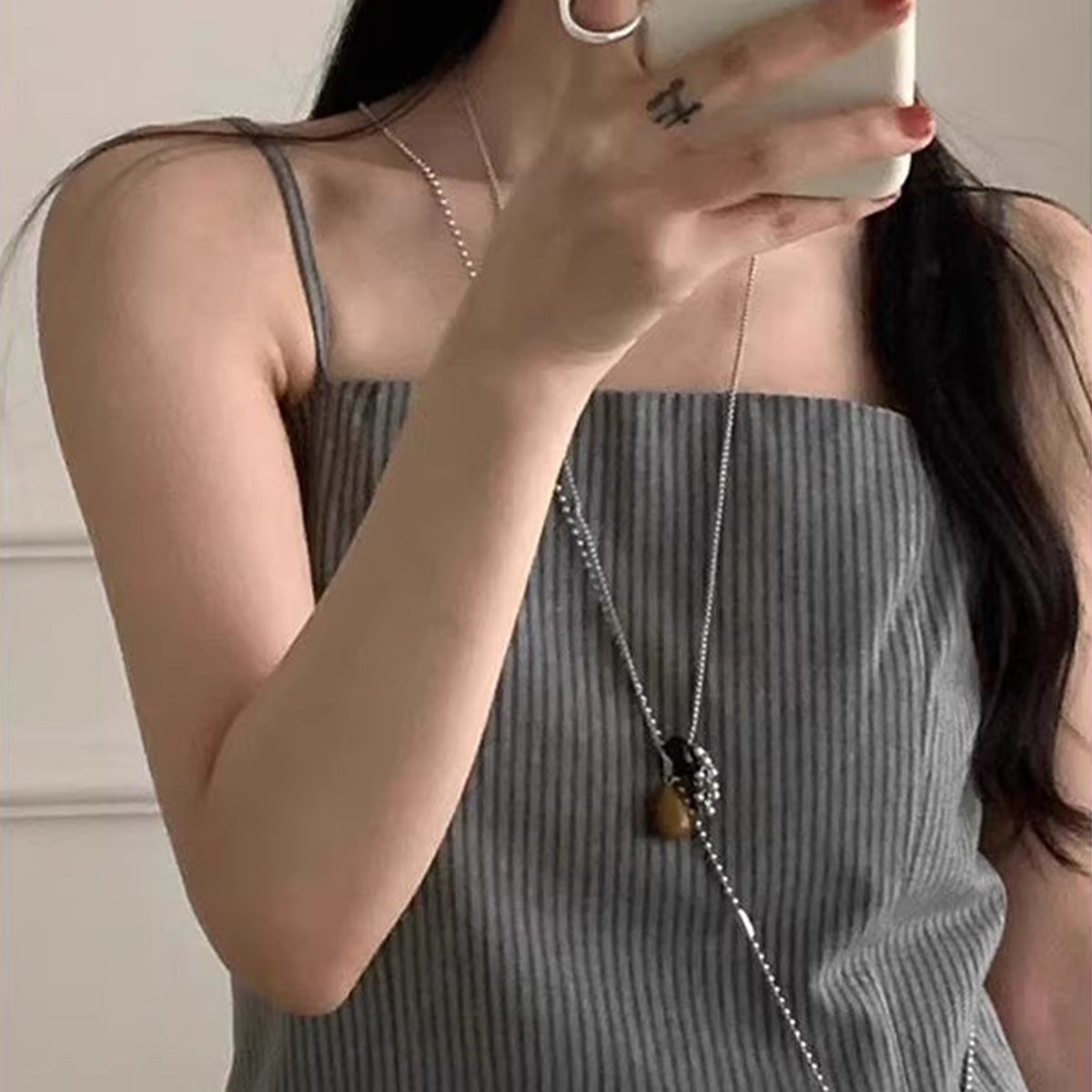 Silver Bead Water Drop Tiger's Eye Stone Necklace, Long - style Accessory, Sweater Chain with Grape Cluster Pendant