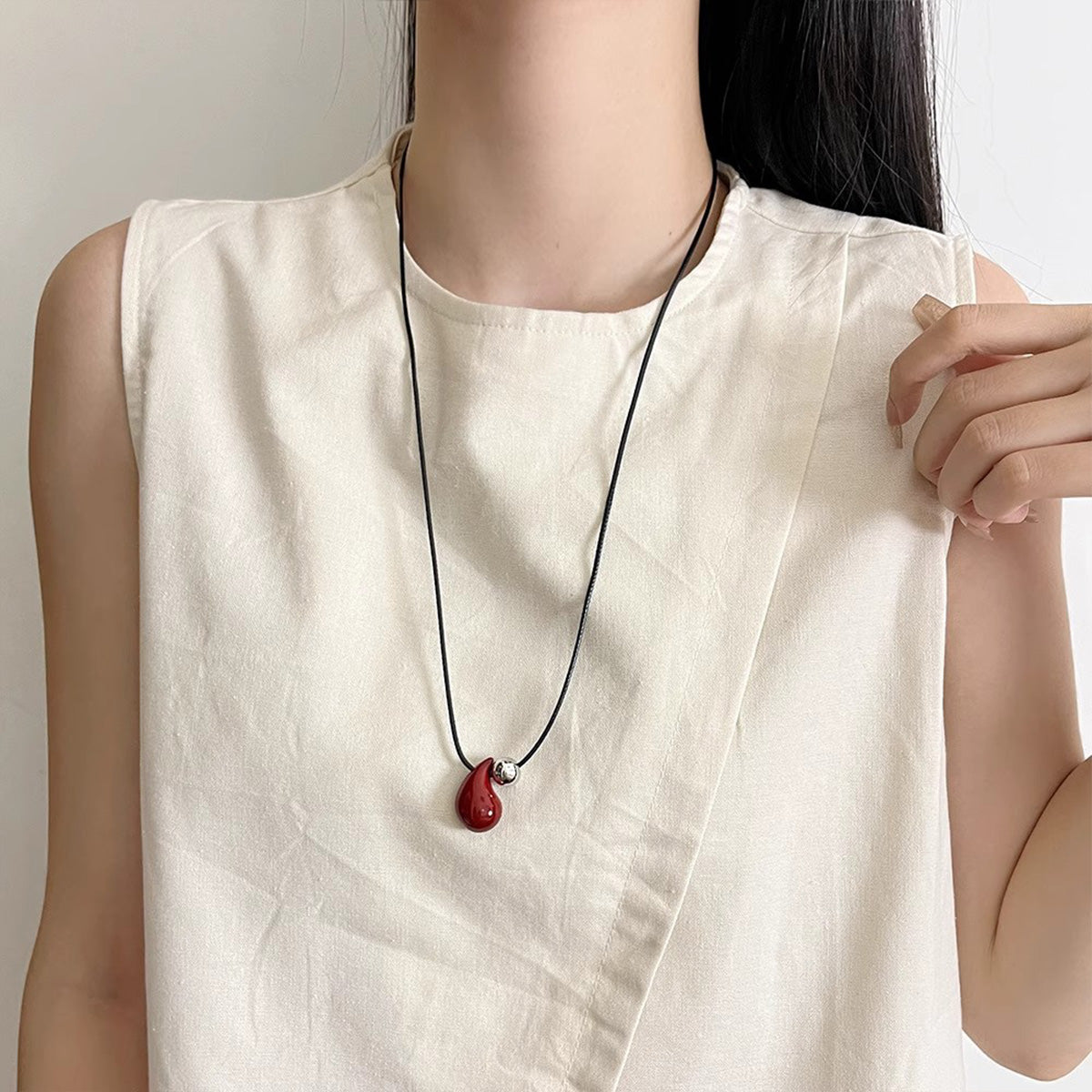 Ankora Red Drop Pendant Necklace - Elegant Women's Long Statement Sweater Chain