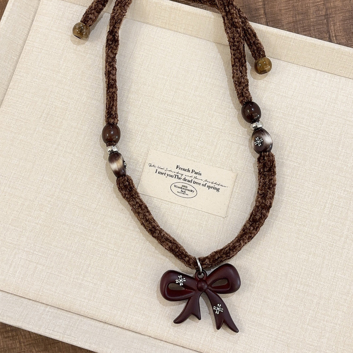 Vintage Marbled Brown Bow Heart Saturn Necklace - High-End Long Sweater Chain Accessory