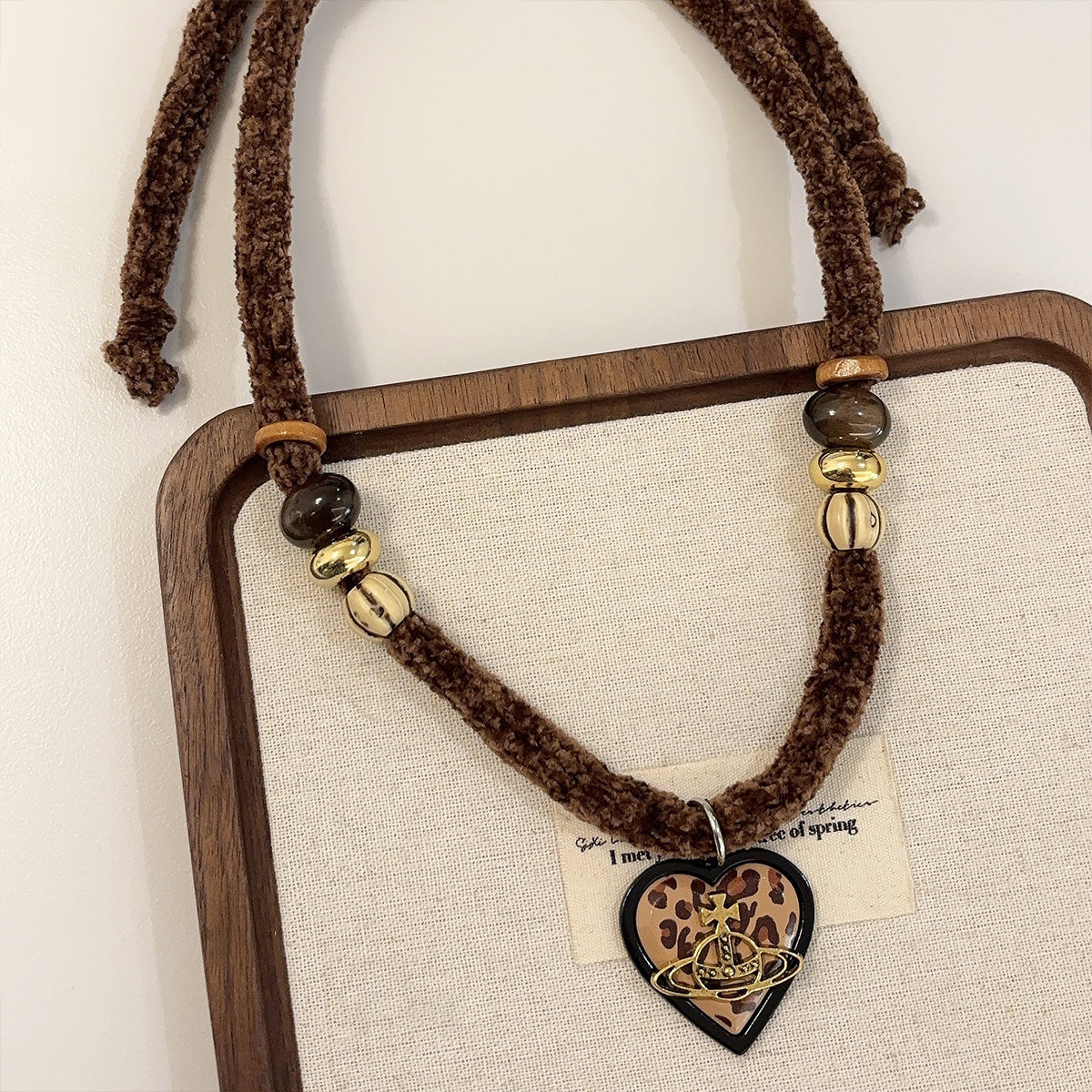 Vintage Marbled Brown Bow Heart Saturn Necklace - High-End Long Sweater Chain Accessory