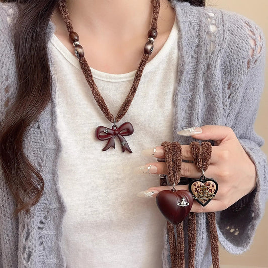 Vintage Marbled Brown Bow Heart Saturn Necklace - High-End Long Sweater Chain Accessory