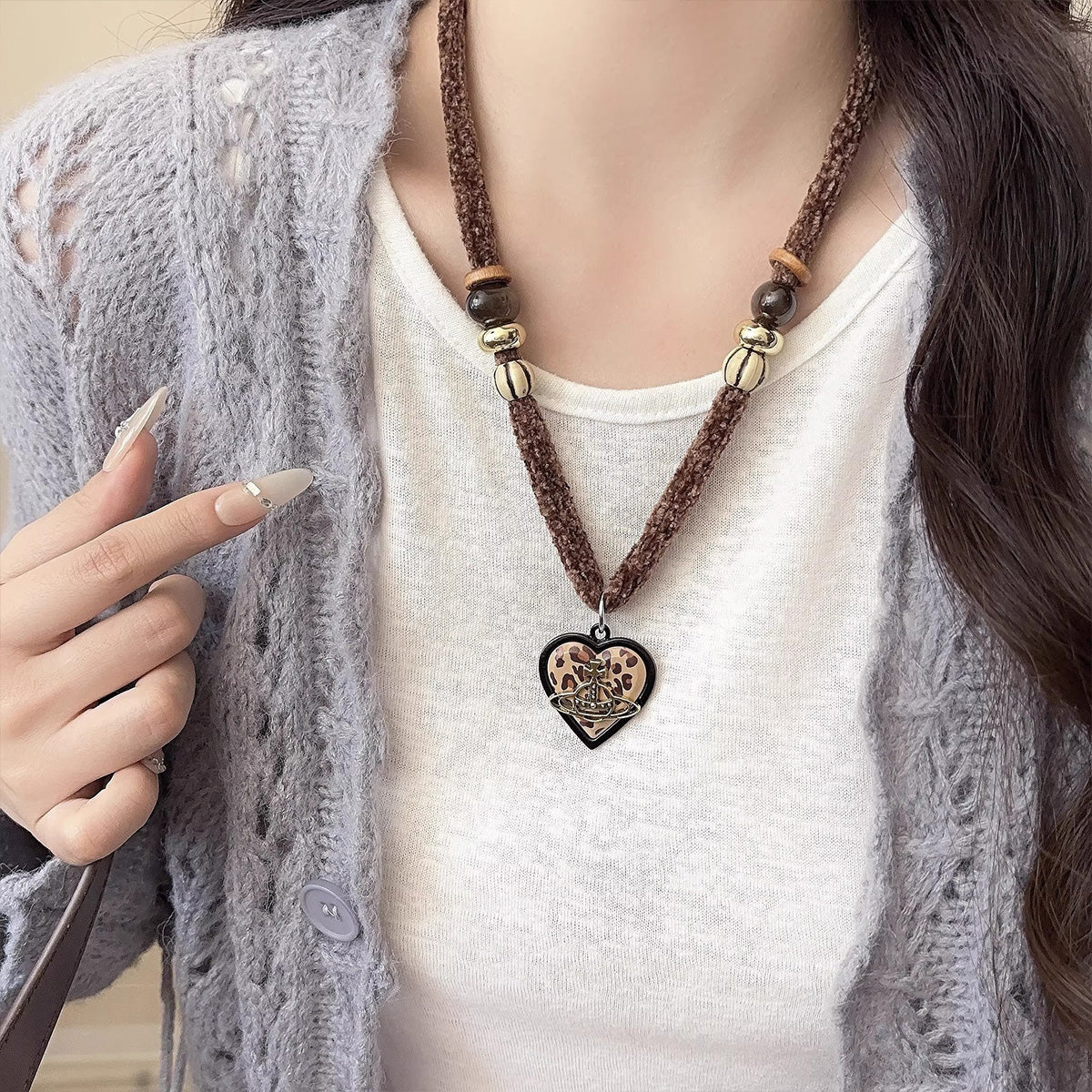 Vintage Marbled Brown Bow Heart Saturn Necklace - High-End Long Sweater Chain Accessory