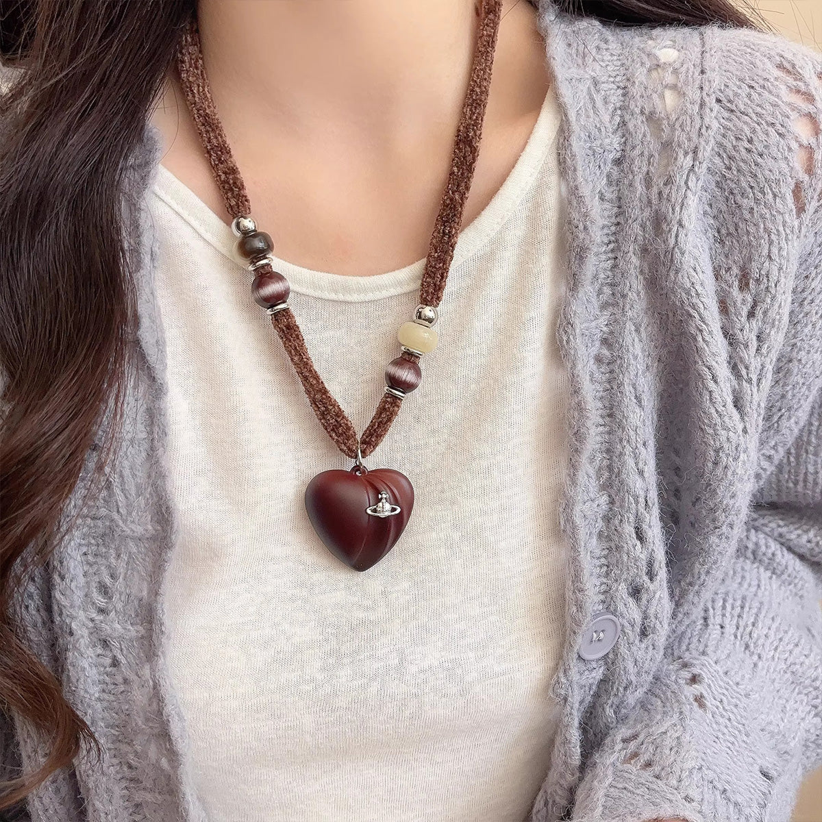 Vintage Marbled Brown Bow Heart Saturn Necklace - High-End Long Sweater Chain Accessory