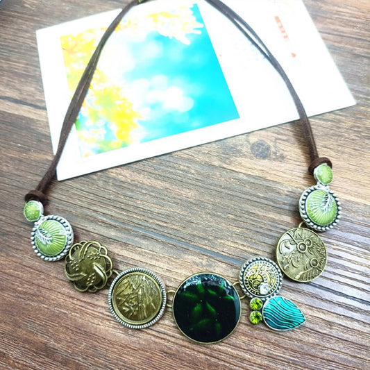 Vintage Oil Painting Print Leather Cord Necklace - Boho Floral Statement Jewelry for Women Trendy Versatile