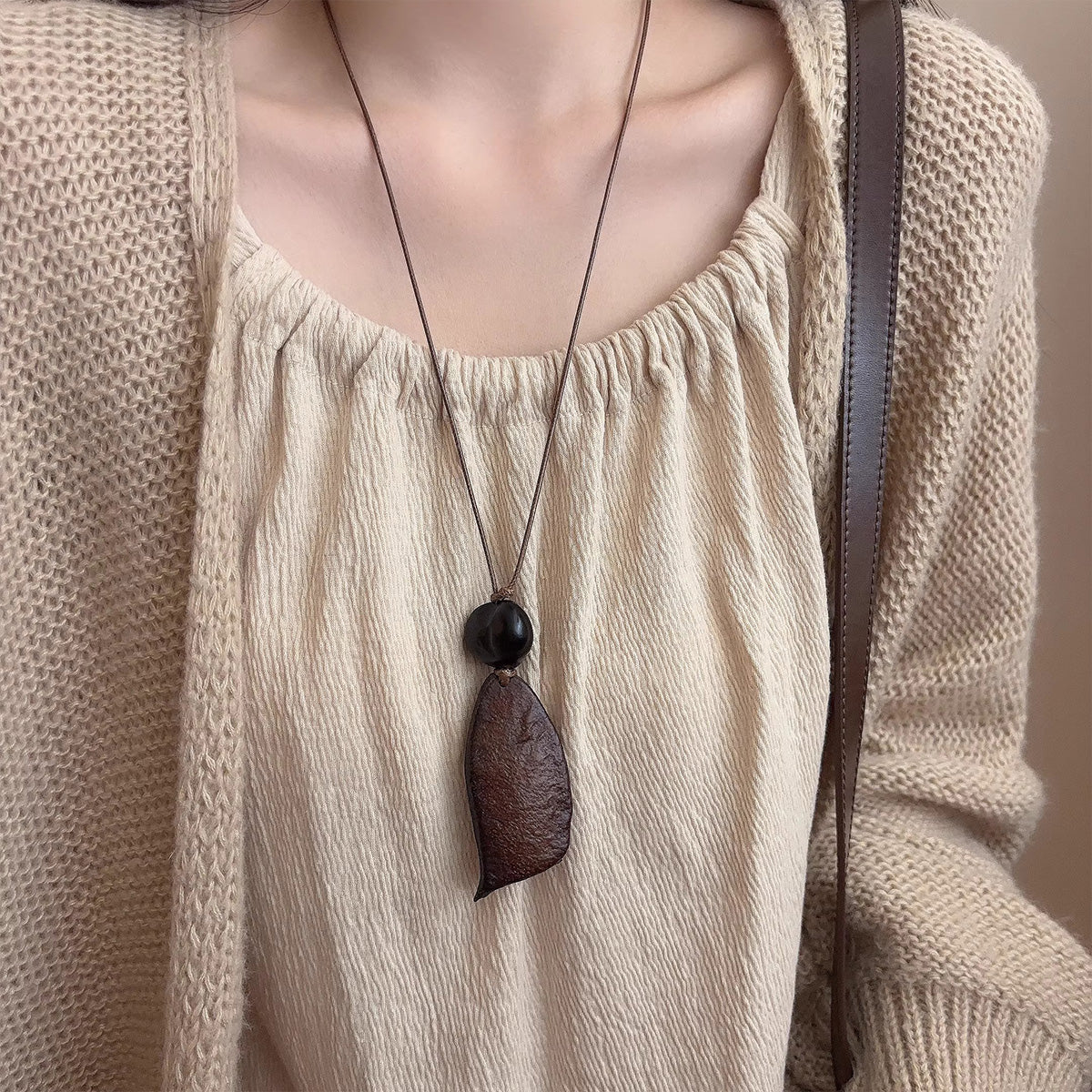 New Chinese Retro Wooden Rice Fruit Pendant - Long Zen Sweater Chain Niche Elegant Neck Jewelry for Women