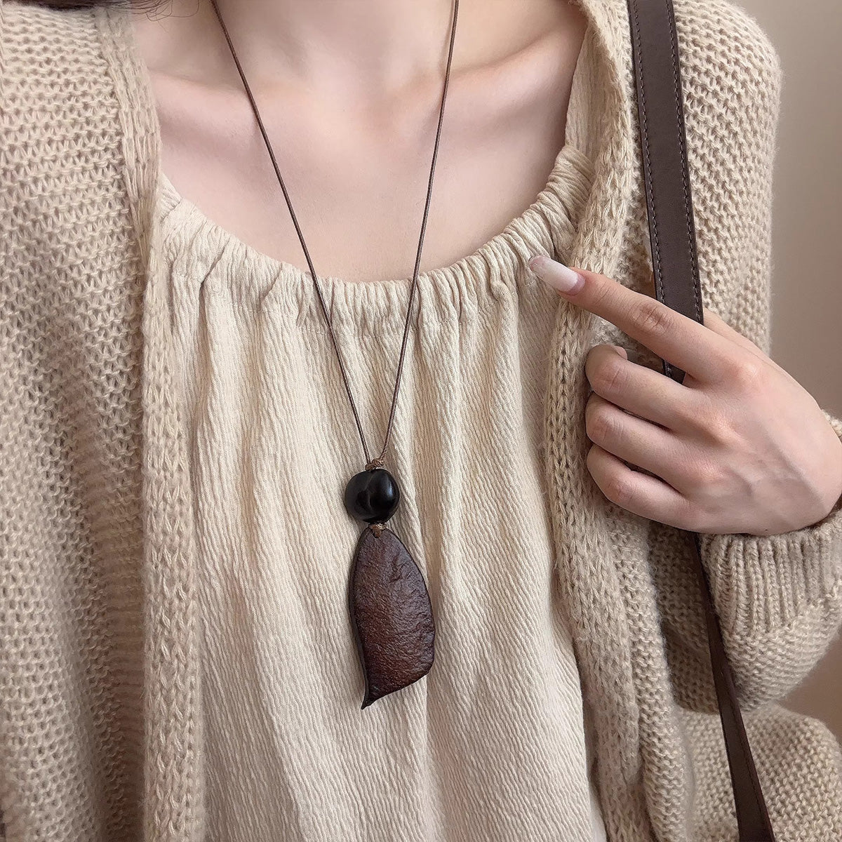New Chinese Retro Wooden Rice Fruit Pendant - Long Zen Sweater Chain Niche Elegant Neck Jewelry for Women
