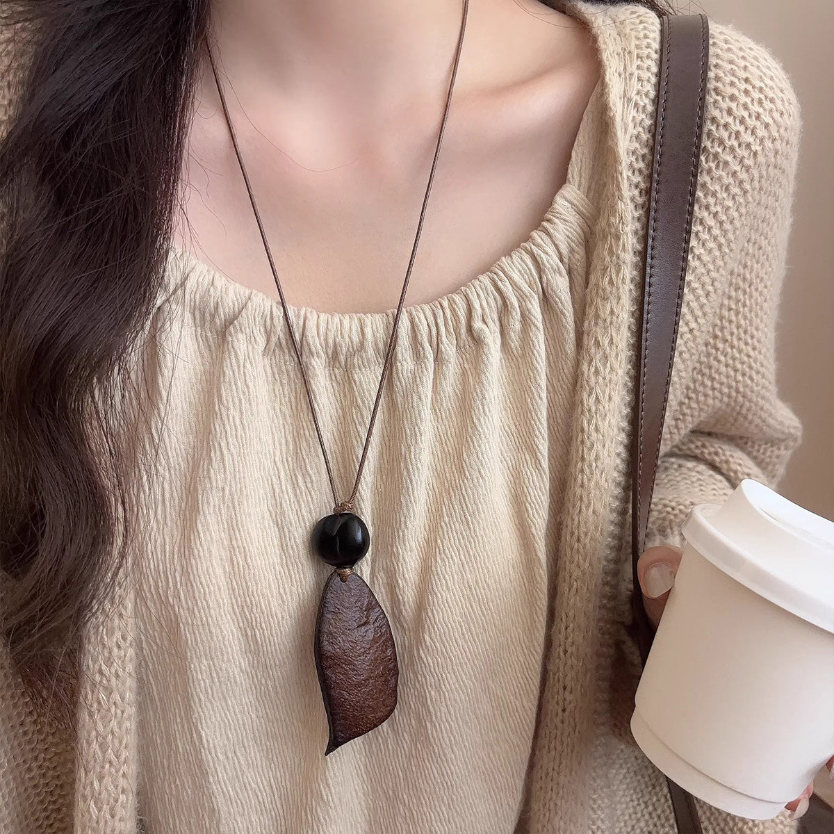 New Chinese Retro Wooden Rice Fruit Pendant - Long Zen Sweater Chain Niche Elegant Neck Jewelry for Women