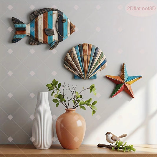 Cartoon Nautical Wooden Shell Starfish Decor - Wall Hanging Home Ornament for Coastal Room