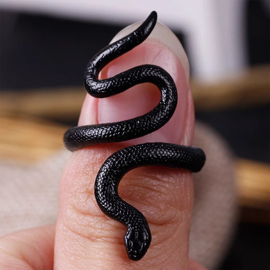 Gothic Black Snake Ring - Geometric Open Adjustable Animal Statement Jewelry Dark Edgy