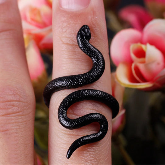 Gothic Black Snake Ring - Geometric Open Adjustable Animal Statement Jewelry Dark Edgy