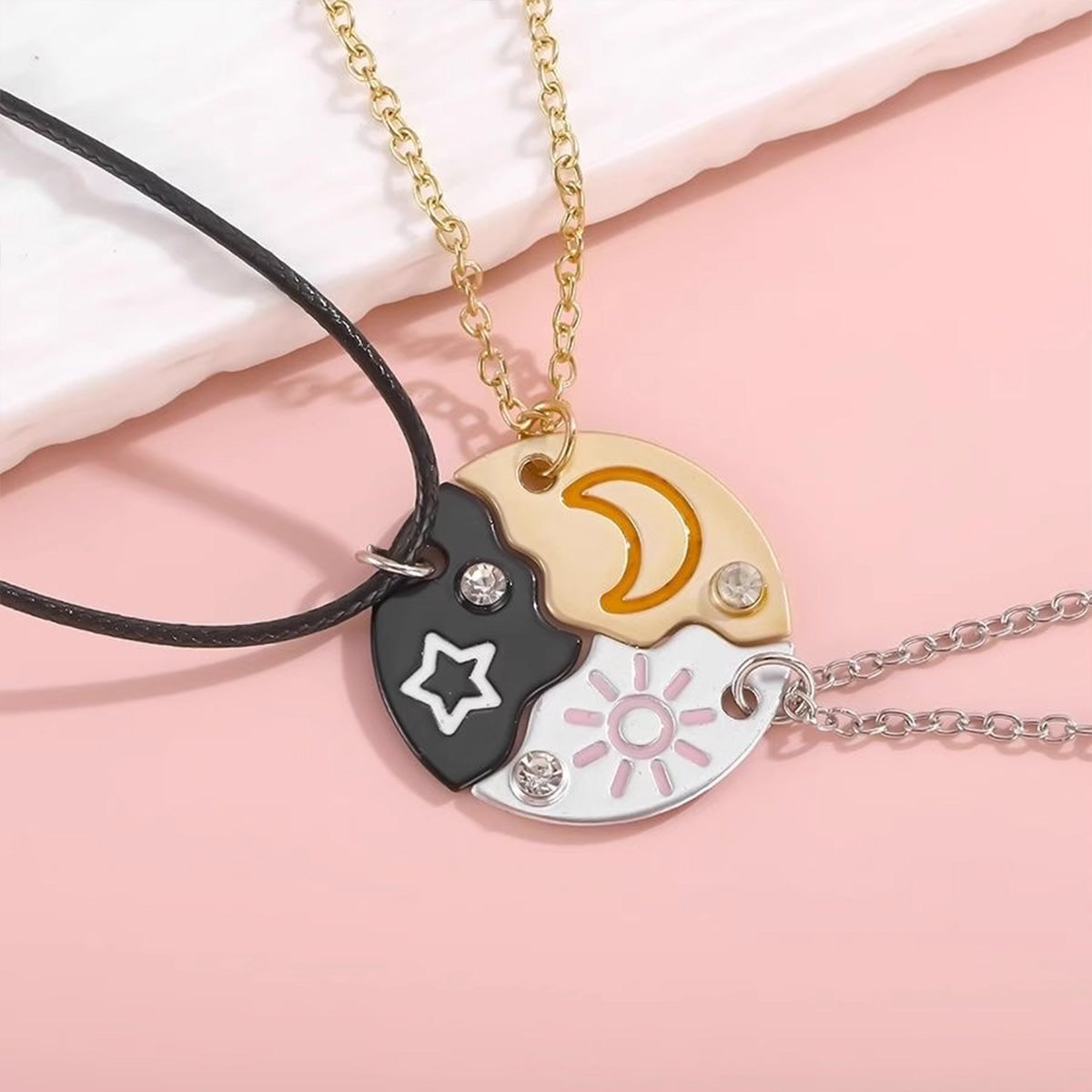 Cute Star Moon Sun Trio Necklace - Crystal-Embellished BFF Jewelry Versatile Gift for Girls