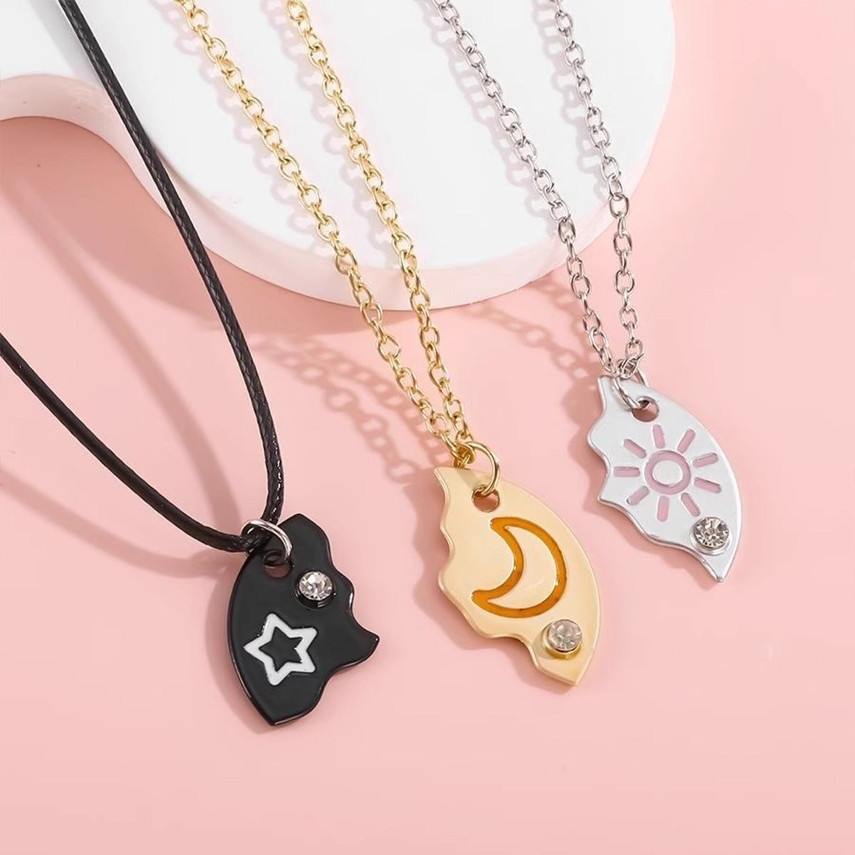 Cute Star Moon Sun Trio Necklace - Crystal-Embellished BFF Jewelry Versatile Gift for Girls