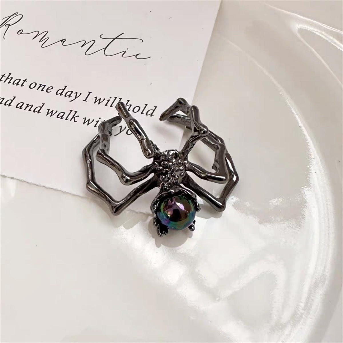 Gothic Punk Spider Ring - Moonstone Metal Minimalist Niche Adjustable Open Jewelry