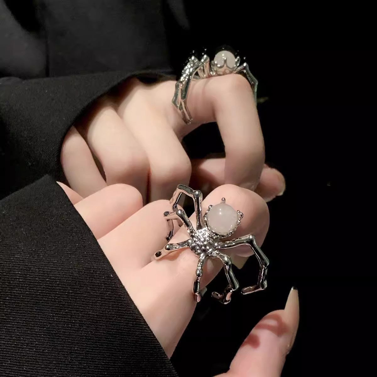 Gothic Punk Spider Ring - Moonstone Metal Minimalist Niche Adjustable Open Jewelry