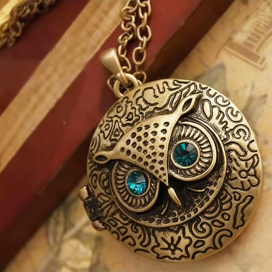 Vintage Owl Locket Necklace - Blue Eye Openable Photo Pendant Long Sweater Chain