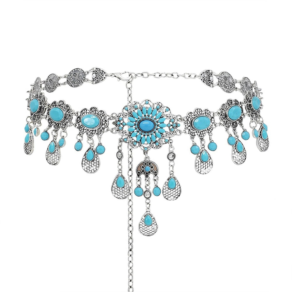 Bohemian Ethnic Waist Chain - Faux Turquoise Coin Tassel Hollow Retro Belly Dance Jewelry