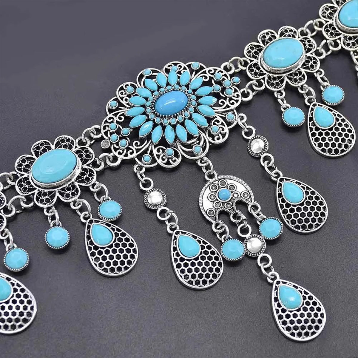 Bohemian Ethnic Waist Chain - Faux Turquoise Coin Tassel Hollow Retro Belly Dance Jewelry