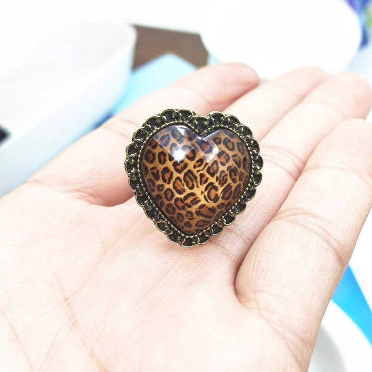 Vintage Retro Leopard Print Heart Ring - Euro Style Niche High-End Finger Jewelry