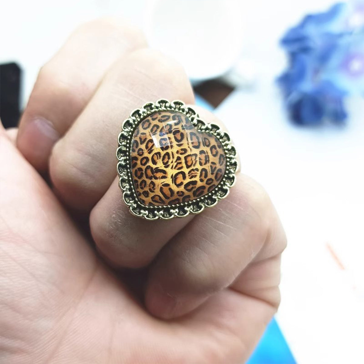 Vintage Retro Leopard Print Heart Ring - Euro Style Niche High-End Finger Jewelry