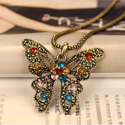 Best-Selling Vintage Colorful Crystal Hollow Butterfly Necklace - Antique Bronze Sweater Chain