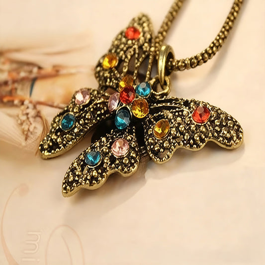 Best-Selling Vintage Colorful Crystal Hollow Butterfly Necklace - Antique Bronze Sweater Chain