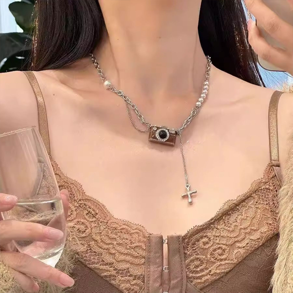 Vintage Brown Camera Tassel Necklace - Titanium Steel Pearl Y2K Layered Sweatshirt Chain