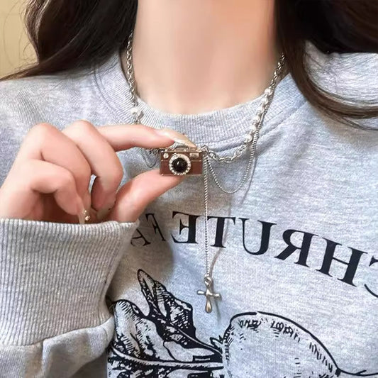 Vintage Brown Camera Tassel Necklace - Titanium Steel Pearl Y2K Layered Sweatshirt Chain