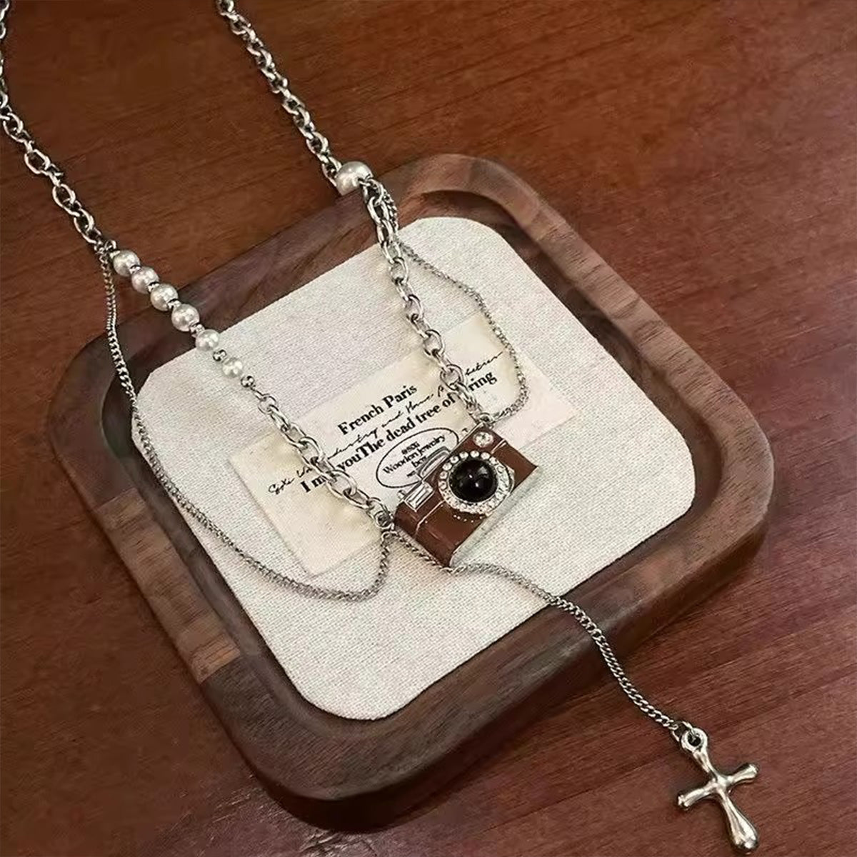 Vintage Brown Camera Tassel Necklace - Titanium Steel Pearl Y2K Layered Sweatshirt Chain