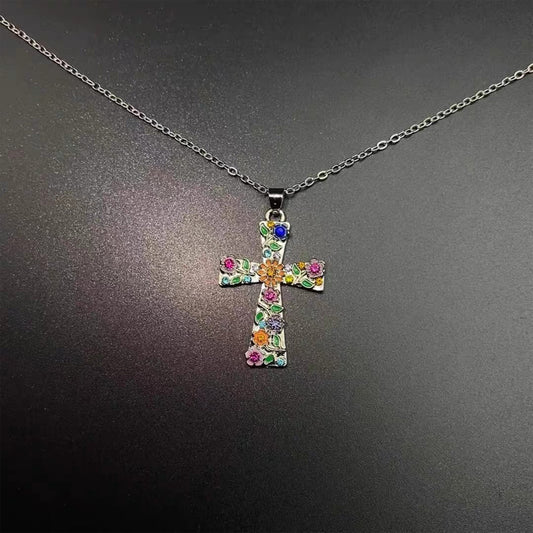 Vintage Garden Cross Necklace - Colorful Flower European Style Niche Luxury Unique Jewelry