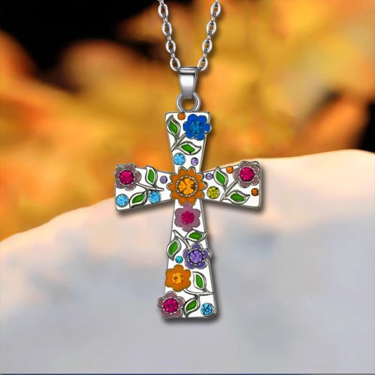 Vintage Garden Cross Necklace - Colorful Flower European Style Niche Luxury Unique Jewelry