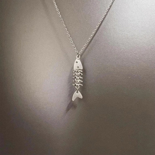 Vintage Small Fish Bones Necklace - Edgy Euro Style Unique Chain Pendant Trendy Jewelry
