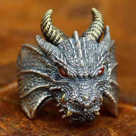 Vintage Thai Silver Dragon Head Ring - Adjustable Open Band | Bold Statement Jewelry for Men