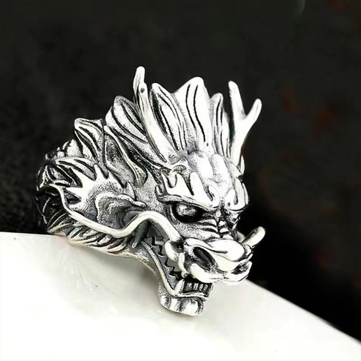 Vintage Thai Silver Dragon Head Ring - Adjustable Open Band | Bold Statement Jewelry for Men