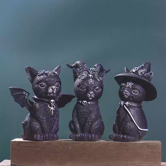 Dark Gothic Magical Cat Figurine - Witch Demon Horned Angel Kitty | Desktop Decor for Men
