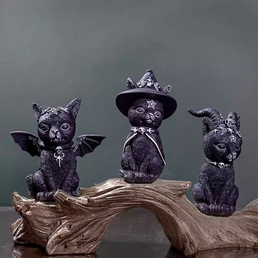 Dark Gothic Magical Cat Figurine - Witch Demon Horned Angel Kitty | Desktop Decor for Men