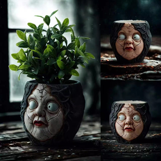 Horror Face Doll Flower Pot - Resin Decor for Desktop & Garden | Indoor Outdoor Ornament