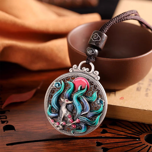 Vintage Cloisonné Enamel Nine-Tailed Fox Pendant - Elegant Sweater Chain | Niche Luxury Accessory