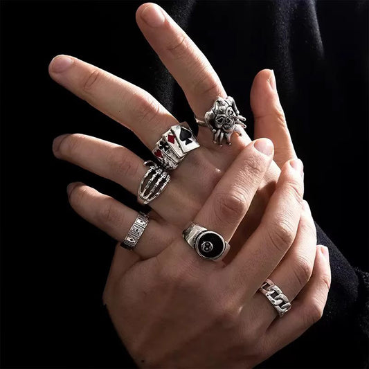 Vintage Skull Clown Ring Set (6PCS) - Gothic Punk Dark Hip Hop Niche Trendy Rings for Men & Women