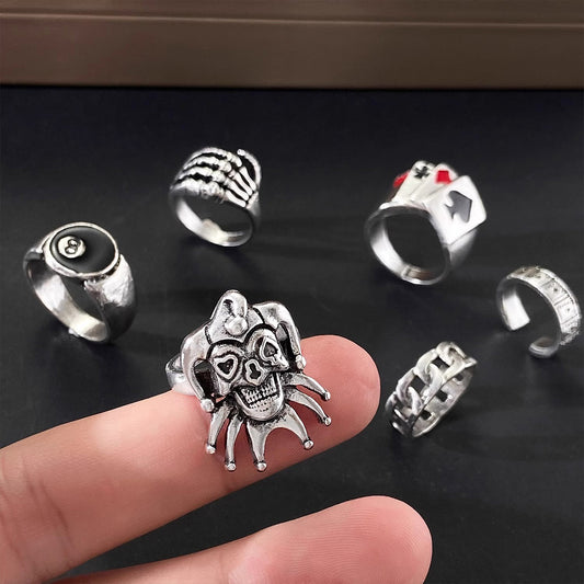 Vintage Skull Clown Ring Set (6PCS) - Gothic Punk Dark Hip Hop Niche Trendy Rings for Men & Women