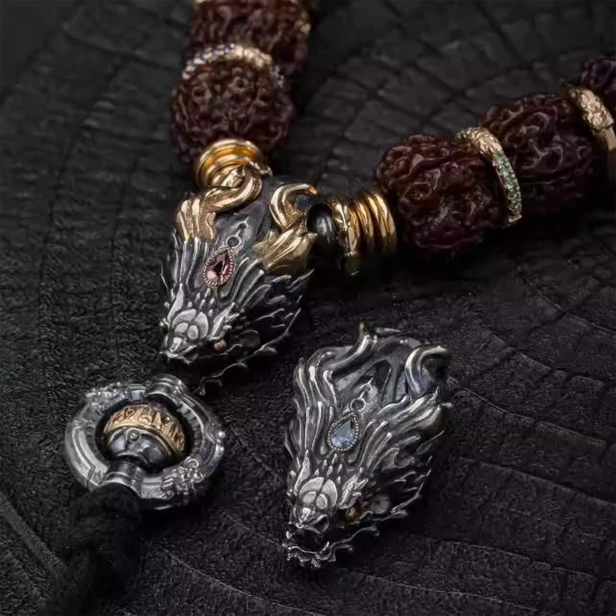 Gold-Inlaid Dragon Cloud Three-Way Bead - Bold Design | Versatile Vajra Prayer Bead Accessory