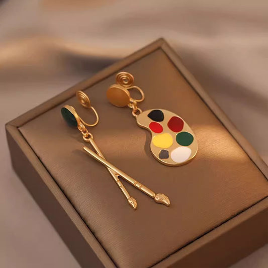 Abstract Paintbrush Palette Earrings - Handmade Asymmetric Clip-Ons, Artsy Earrings for Non-Pierced Ears & Daily Wear
